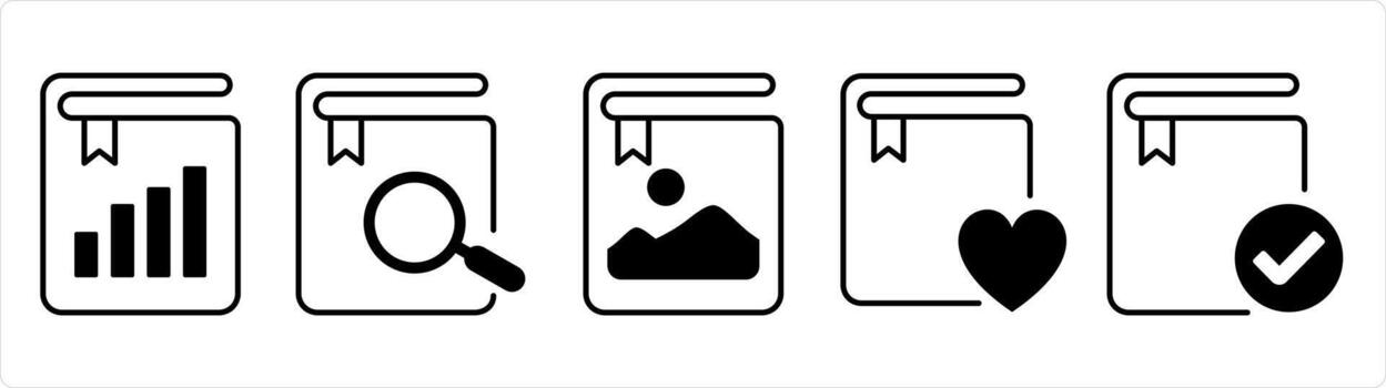 un conjunto de 5 5 documento íconos como grafico libro, buscar libro, imagen libro en negro línea color vector