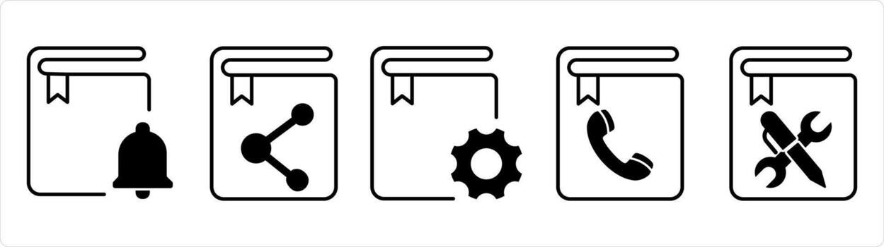 A set of 5 document icons as book notification, share book, book setting in black line color vector