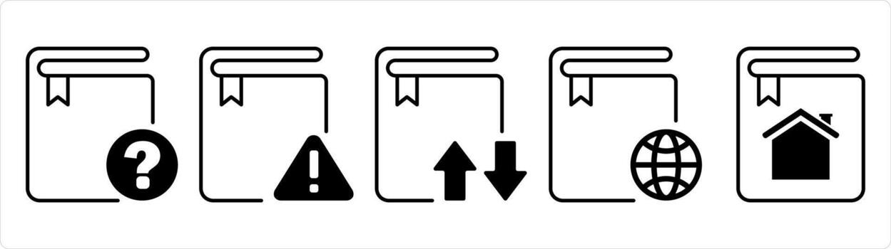 un conjunto de 5 5 documento íconos como libro proteccion, libro seguridad, prohibido libro en negro línea color vector