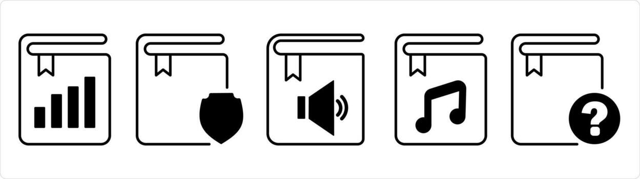 A set of 5 document icons as graph book, book protection, audio book in black line color vector