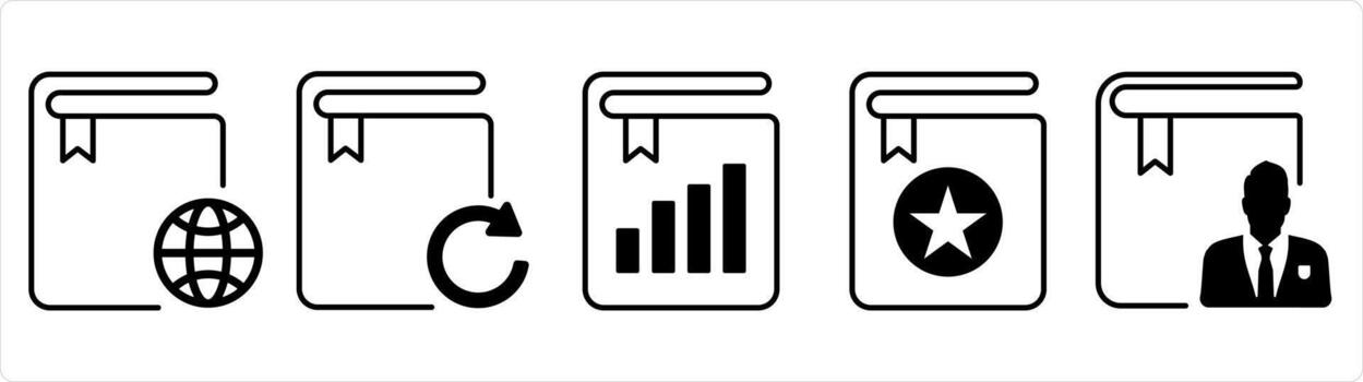 un conjunto de 5 5 documento íconos como global libro, actualizar libro, grafico libro en negro línea color vector
