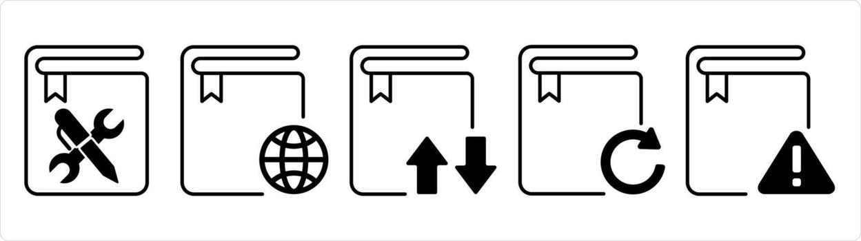 un conjunto de 5 5 documento íconos como instrucción libro, global libro, sincronizar libro en negro línea color vector