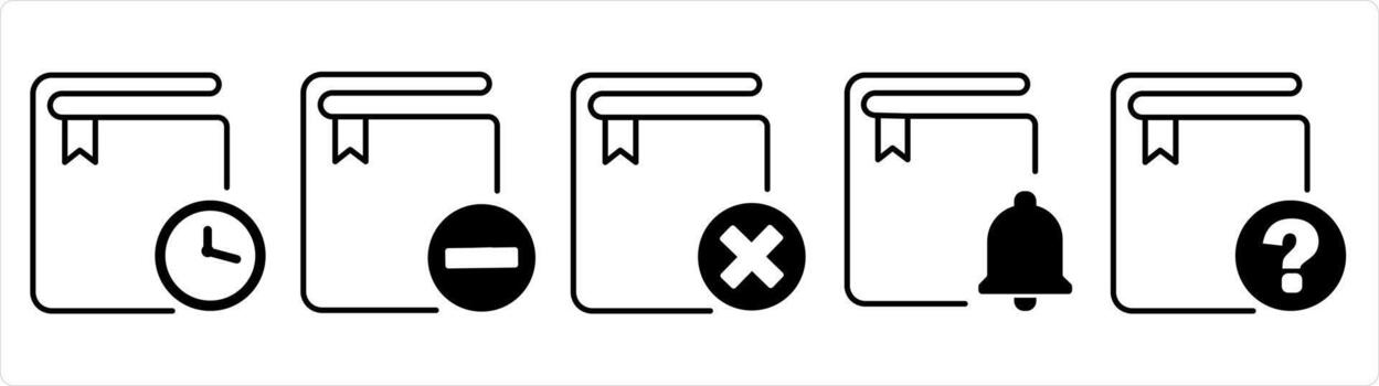 A set of 5 document icons as study on time, remove book, wrong book in black line color vector
