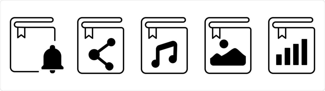 A set of 5 document icons as book notification, share book, music book in black line color vector