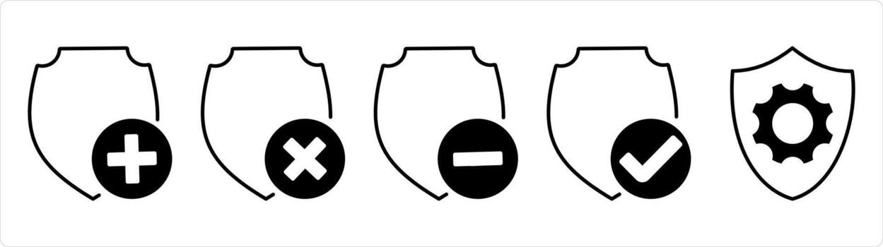 A set of 5 internet icons as create shield, wrong shield, remove shield in black line color vector