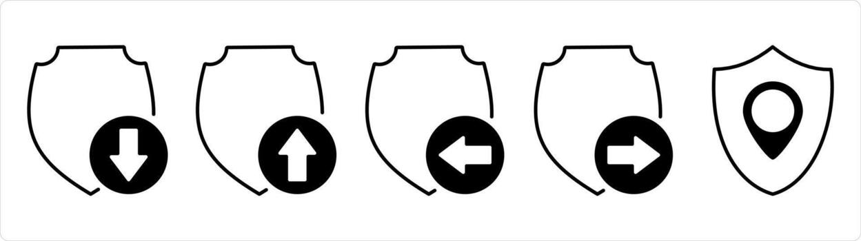 A set of 5 internet icons as download shield, upload shield, received shield in black line color vector