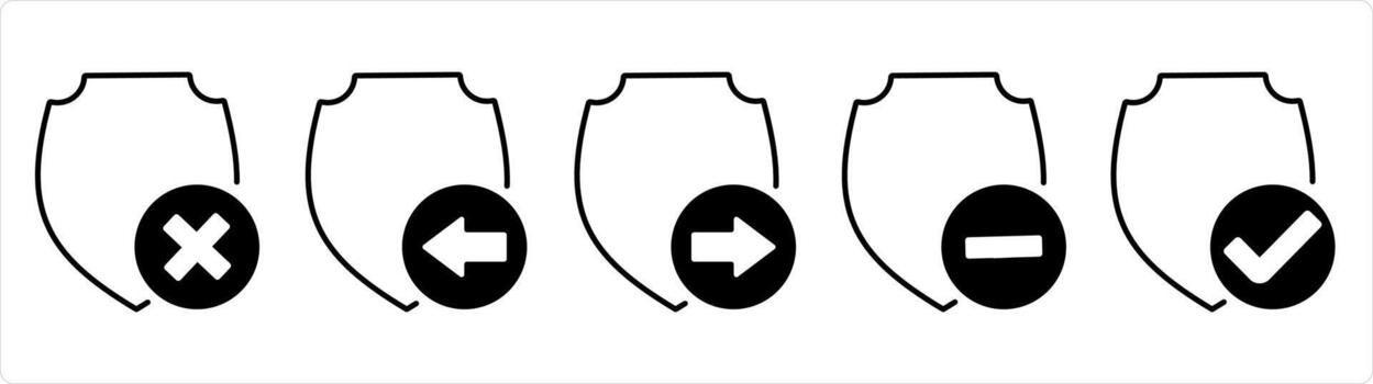 A set of 5 internet icons as wrong shield, receive shield, send shield in black line color vector
