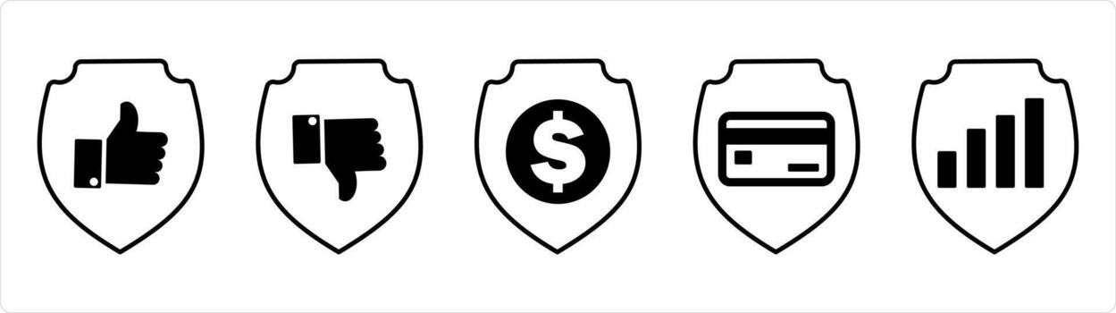 A set of 5 internet icons as approved security, dislike security, money security in black line color vector