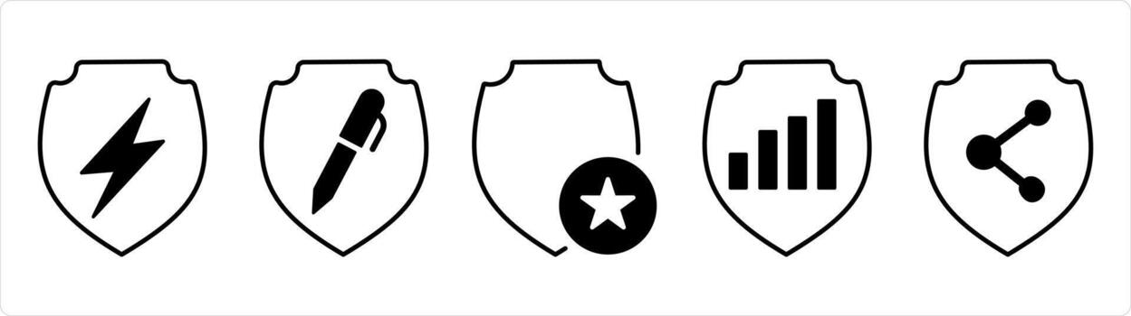 A set of 5 internet icons as shield, edit shield, favorite shield in black line color vector