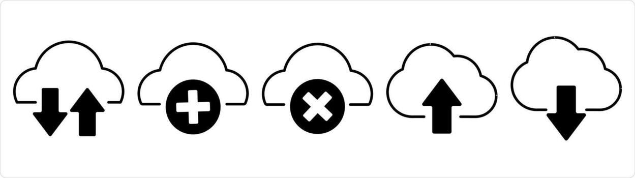 un conjunto de 5 5 Internet íconos como sincronizar nube, añadir nube, incorrecto nube en negro línea color vector