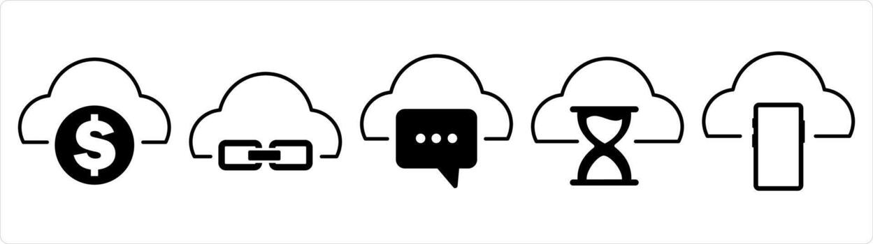 A set of 5 internet icons as finance cloud, link cloud, cloud message in black line color vector