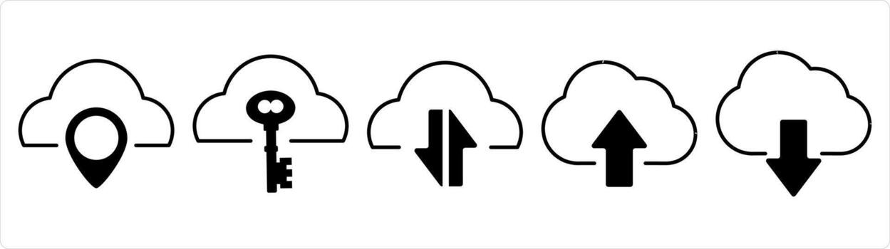 A set of 5 internet icons as cloud location, cloud security, synchronize cloud in black line color vector