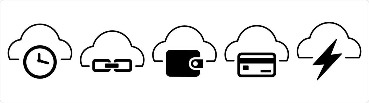 A set of 5 internet icons as cloud time, link cloud, cloud wallet in black line color vector
