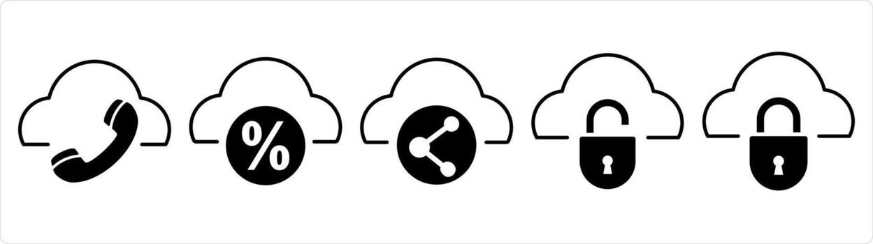 un conjunto de 5 5 Internet íconos como llamada nube, nube descuento, compartir nube en negro línea color vector