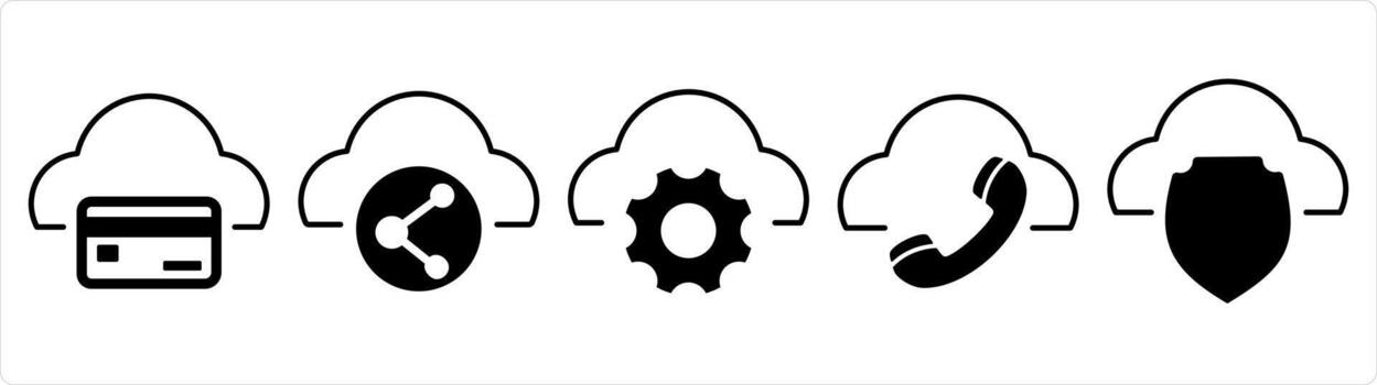 A set of 5 internet icons as cloud card, share cloud, cloud setting in black line color vector