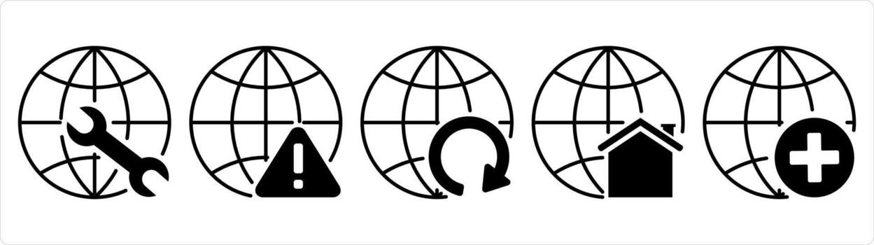 un conjunto de 5 5 Internet íconos como global mantenimiento, global actualizar, global negocio en negro línea color vector