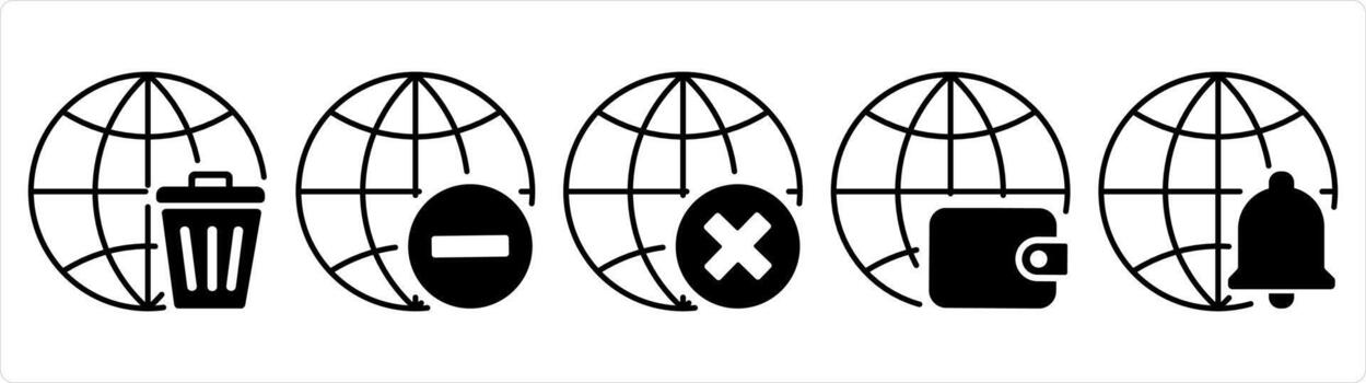 A set of 5 internet icons as trash globe, remove globe, wrong globe in black line color vector