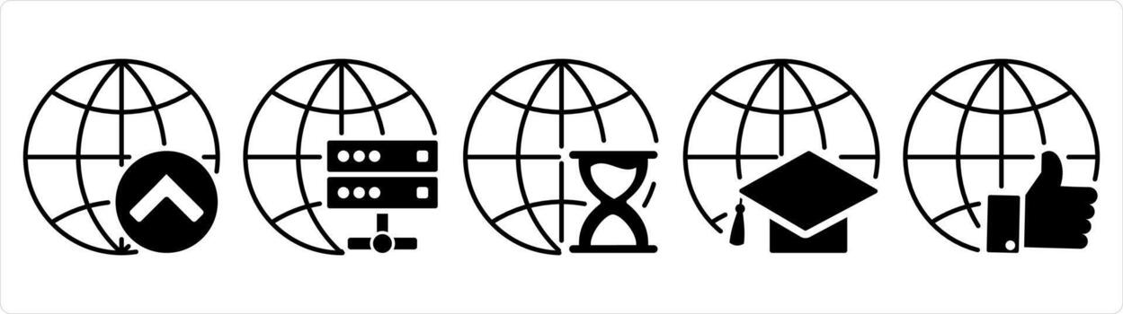 A set of 5 internet icons as like global, international call, global synchronize in black line color vector
