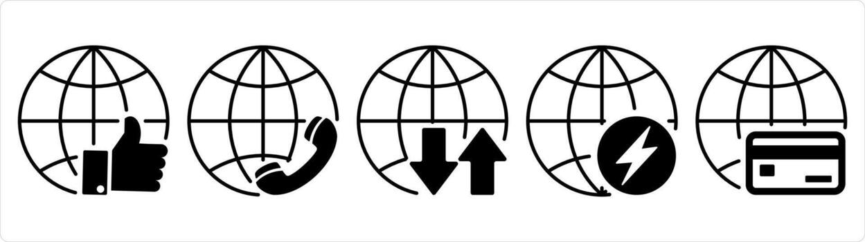 un conjunto de 5 5 Internet íconos como globo, global servidor, global reloj de arena en negro línea color vector