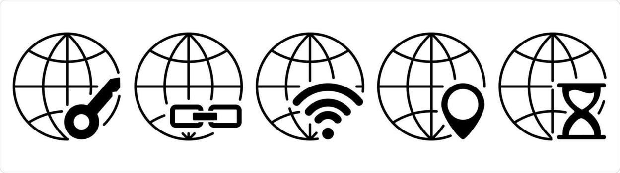 A set of 5 internet icons as global protection, link global, global wifi in black line color vector