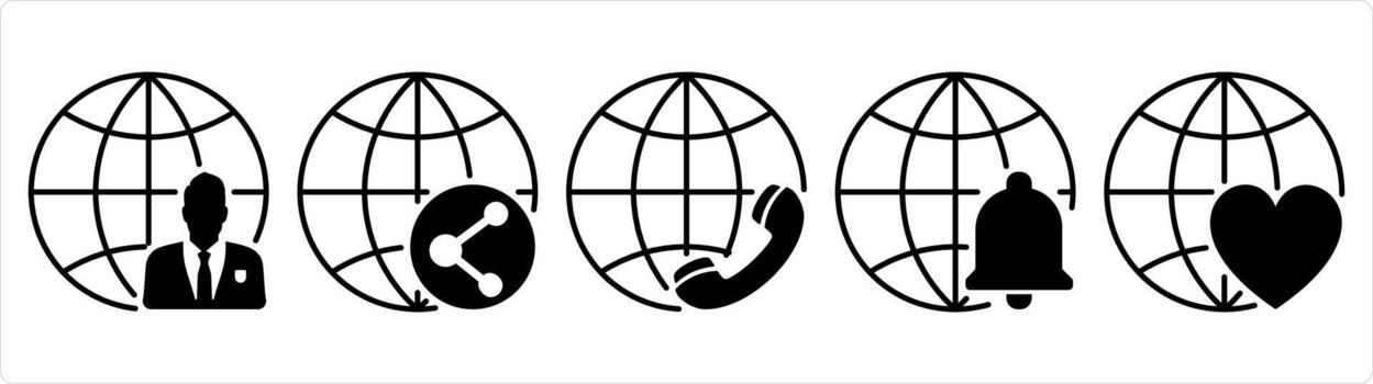 A set of 5 internet icons as global business, global share, international call in black line color vector