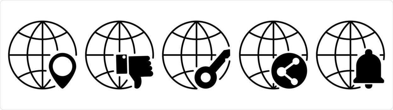 A set of 5 internet icons as global location, dislike global, global protection in black line color vector