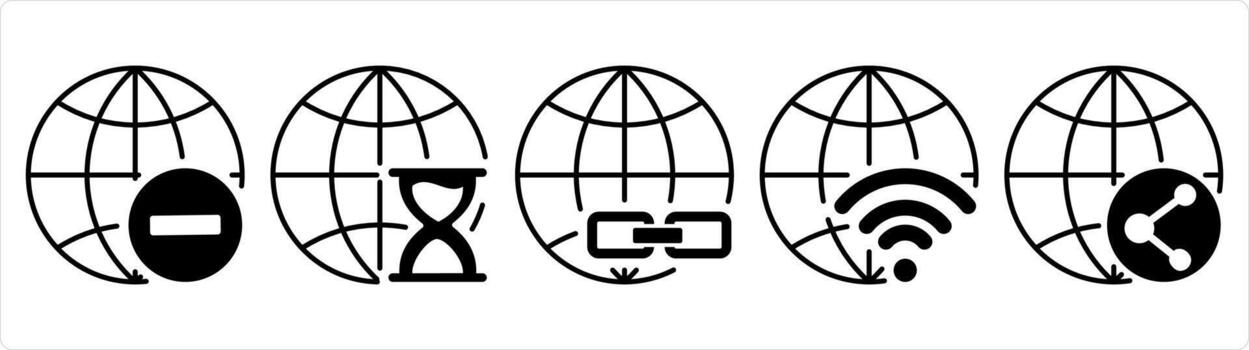 A set of 5 internet icons as remove globe, global hourglass, link global in black line color vector