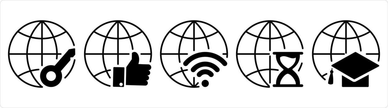 A set of 5 internet icons as global protection, like global, global wifi in black line color vector