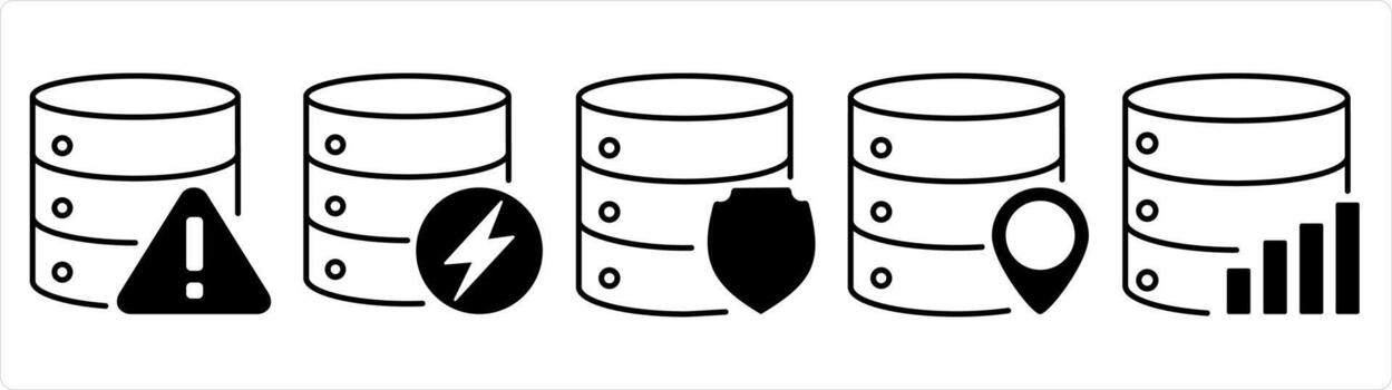 A set of 5 internet icons as server maintenance, server, server shield in black line color vector