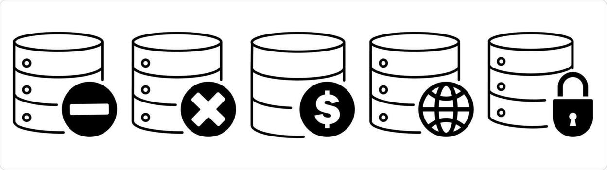 un conjunto de 5 5 Internet íconos como eliminar servidor, incorrecto servidor, Finanzas servidor en negro línea color vector