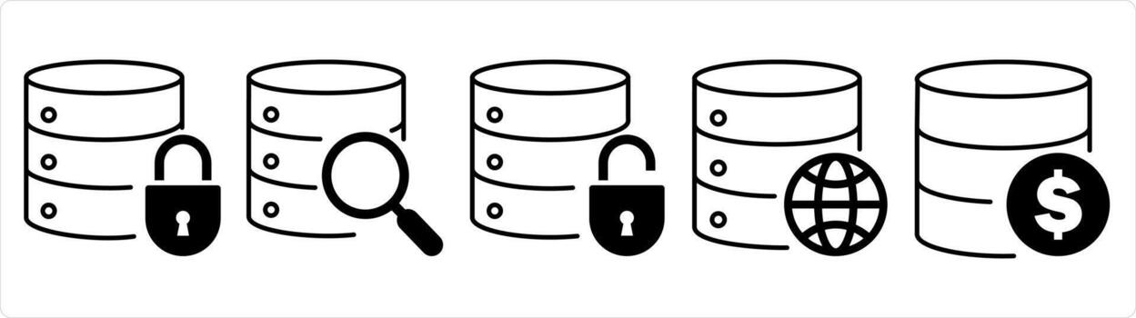 un conjunto de 5 5 Internet íconos como servidor seguridad, global buscar, global servidor en negro línea color vector
