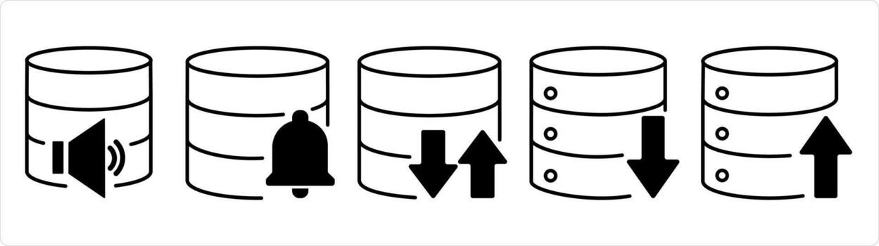 A set of 5 internet icons as server volume, server notification, synchronize server in black line color vector