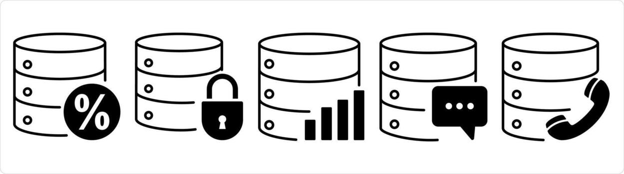 A set of 5 internet icons as server discount, server security, server statistics in black line color vector