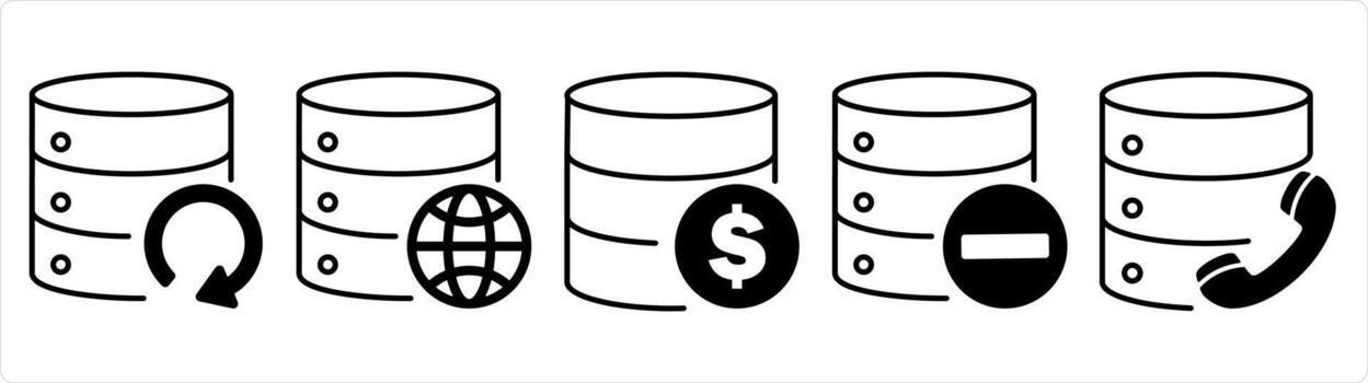 A set of 5 internet icons as server location, global server, finance server in black line color vector