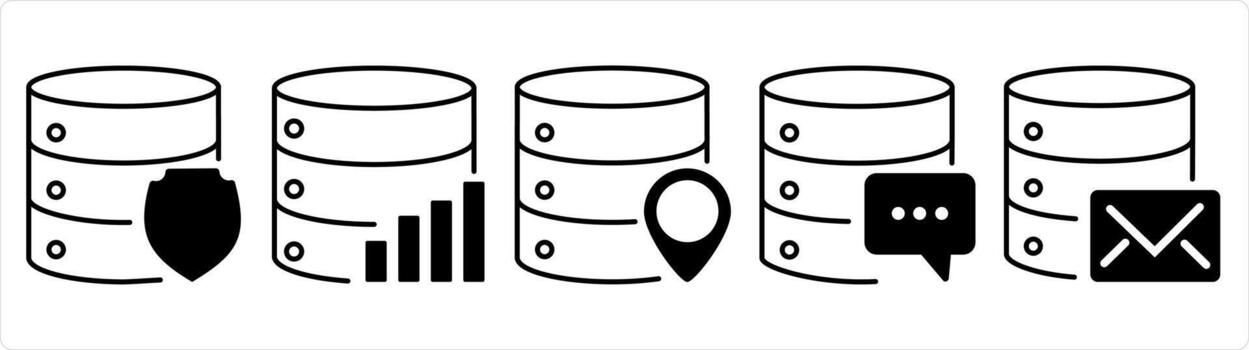 A set of 5 internet icons as server shield, server statistics, server location in black line color vector