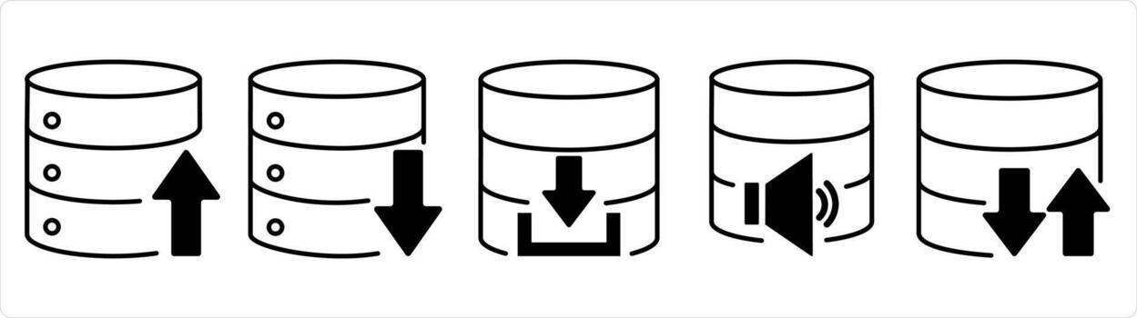 un conjunto de 5 5 Internet íconos como subir servidor, descargar servidor, servidor volumen en negro línea color vector
