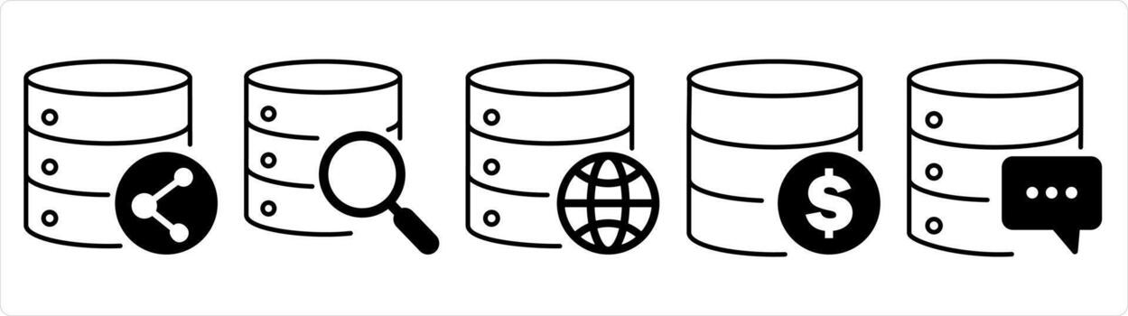 un conjunto de 5 5 Internet íconos como compartir servidor, global buscar, Finanzas servidor en negro línea color vector