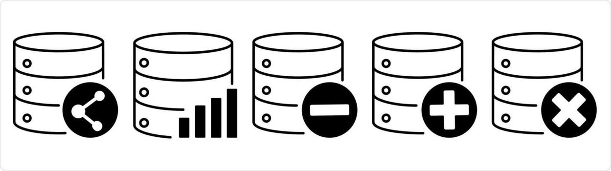 A set of 5 internet icons as share server, server statistics, remove server in black line color vector