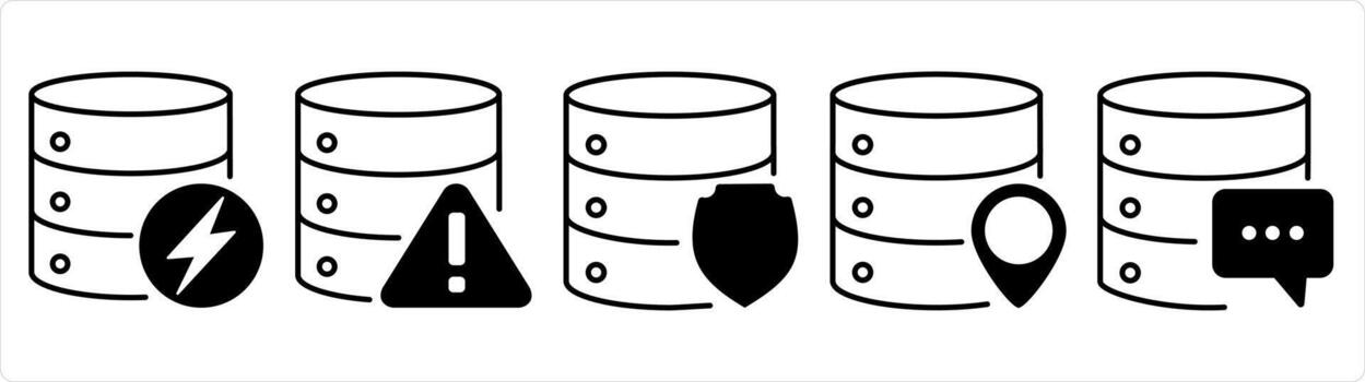 A set of 5 internet icons as server, server maintenance, server shield in black line color vector