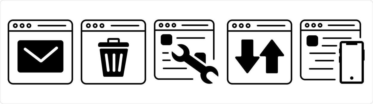 A set of 5 internet icons as webpage conversation, trash webpage in black line color vector