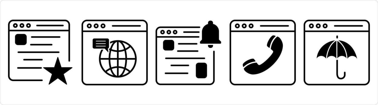 A set of 5 internet icons as favorite webpage, web browser, webpage notification in black line color vector