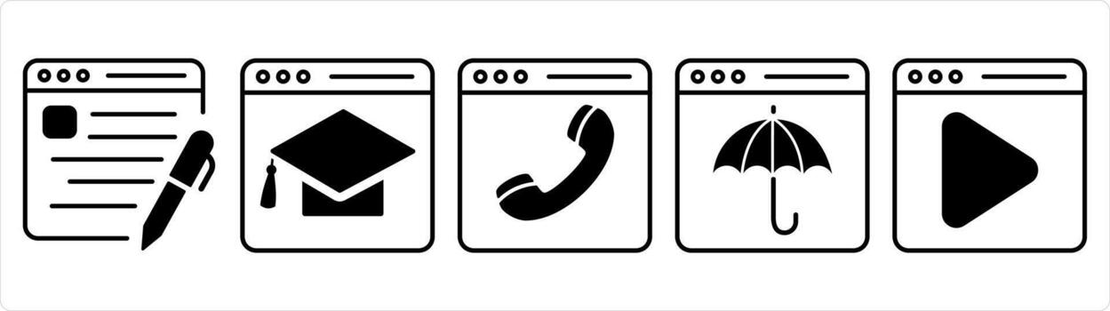 un conjunto de 5 5 Internet íconos como editar Página web, en línea educación, en línea llamada en negro línea color vector