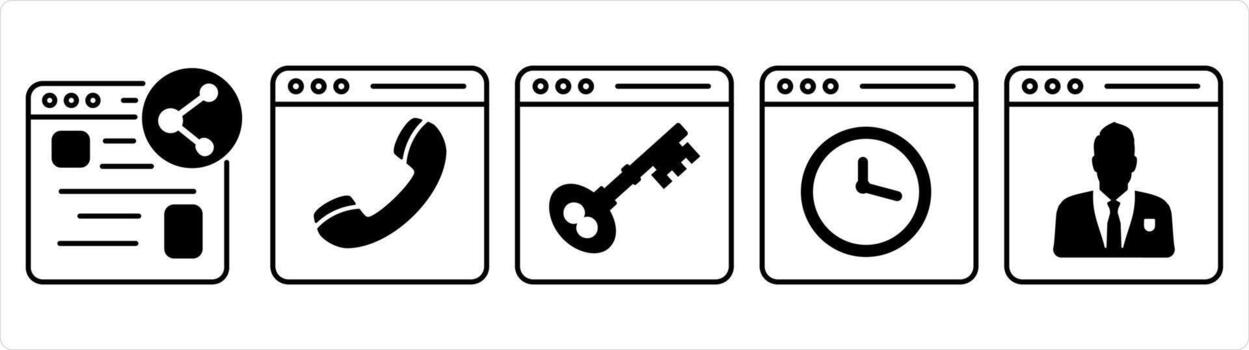 un conjunto de 5 5 Internet íconos como compartir Página web, en línea llamar, página web proteccion en negro línea color vector