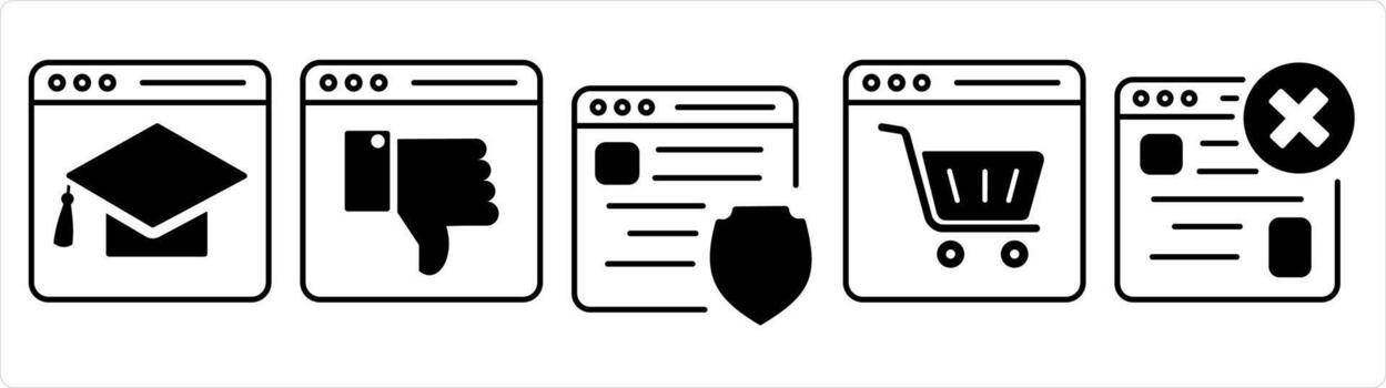A set of 5 internet icons as online education, dislike webpage, webpage security in black line color vector