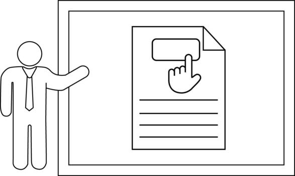 A figure presenting a document with a hand cursor on a button on a framed display vector