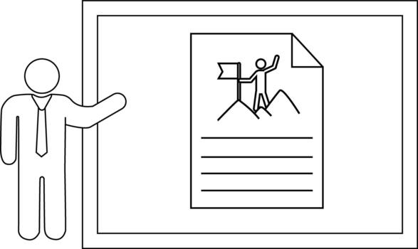 A stick figure in a tie stands beside a presentation board On it a drawing of success atop mountains vector