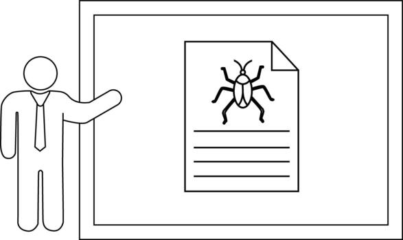 A stick figure presents a whiteboard with a document containing a bug drawing vector