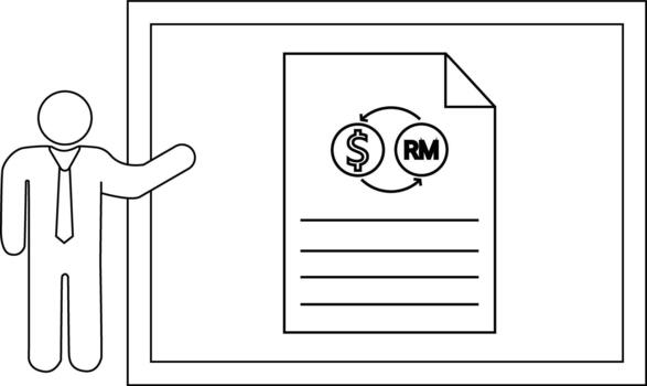 Figure presents currency exchange to RM on a document displayed on a whiteboard vector