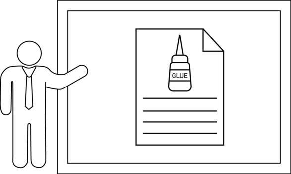 Graphic of a stick figure presenting a page featuring a glue bottle and text lines on a framed whiteboard vector
