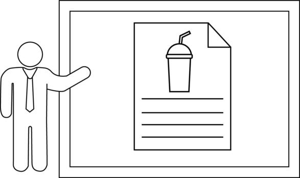 Line art depicts a presenter pointing to a sign with a beverage and text vector